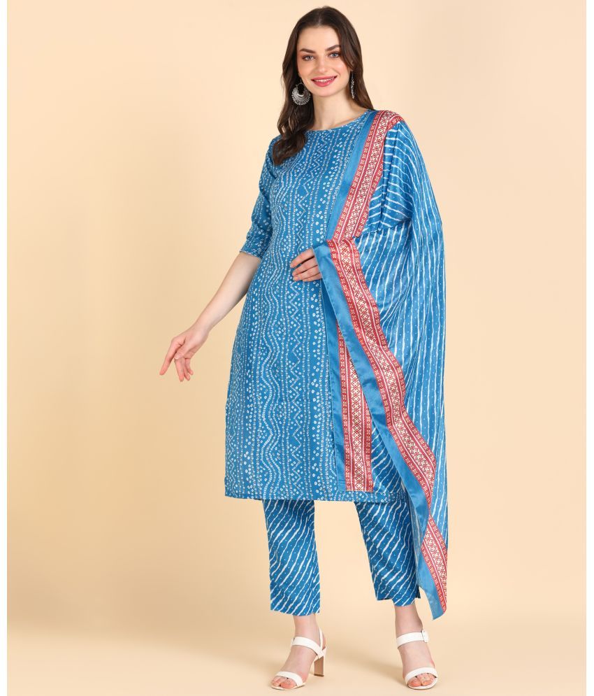     			Hiva Trendz Cotton Blend Printed Kurti With Pants Women's Stitched Salwar Suit - Light Blue ( Pack of 1 )