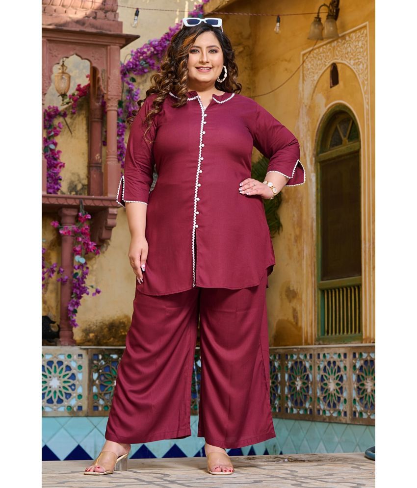     			PrettyPlus by Desinoor.com Burgundy Solid Palazzo Top Set