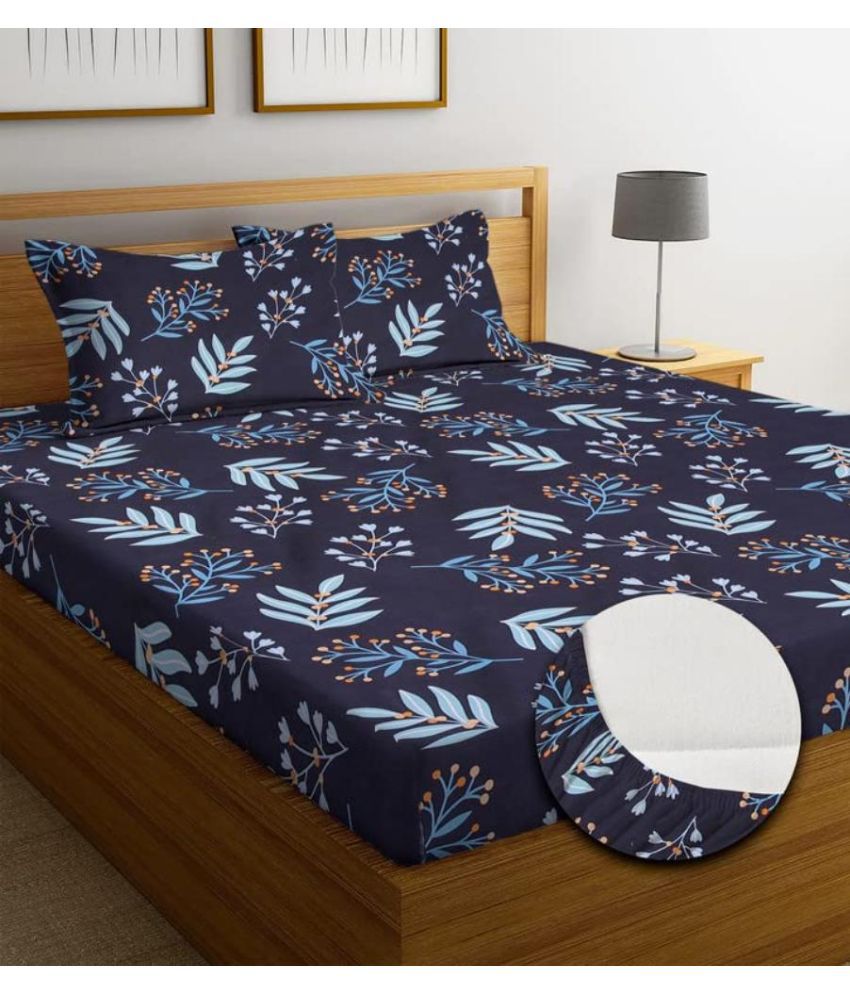    			SHOMES Cotton Floral Fitted 1 Bedsheet with 2 Pillow Covers ( Double Bed ) - Navy