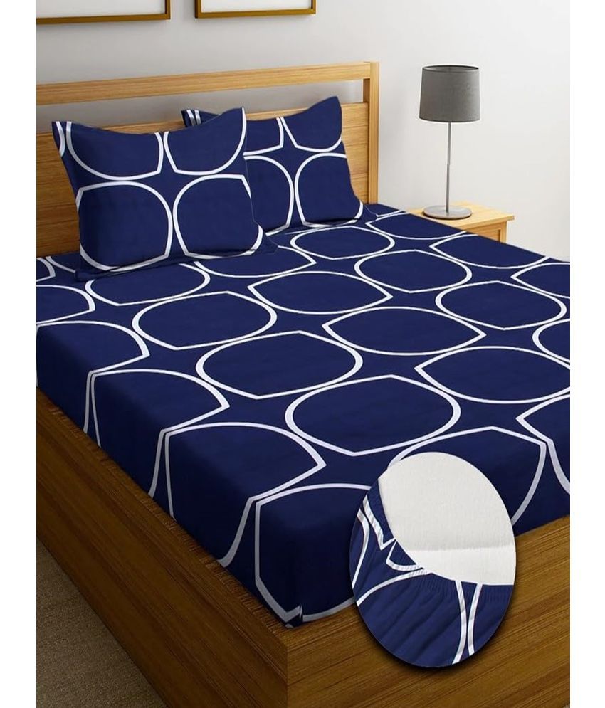     			SHOMES Cotton Geometric Fitted 1 Bedsheet with 2 Pillow Covers ( Double Bed ) - Navy