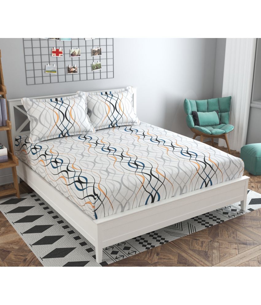     			SHOMES Cotton Geometric Fitted 1 Bedsheet with 2 Pillow Covers ( Double Bed ) - White