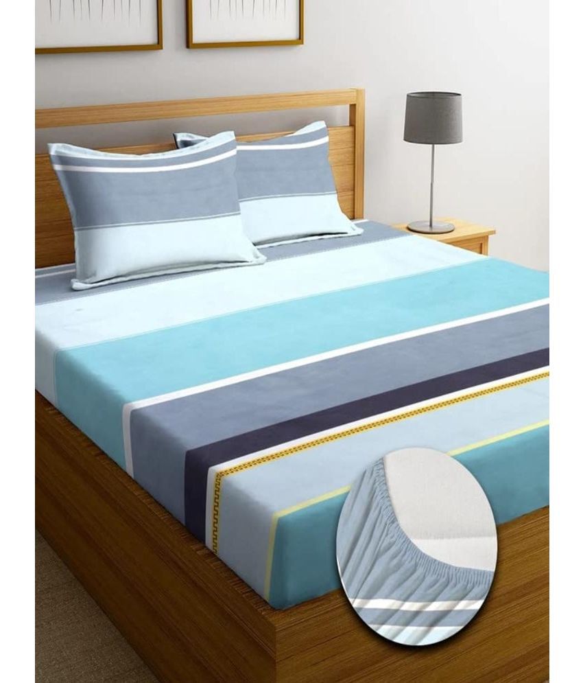     			SHOMES Cotton Horizontal Striped Fitted 1 Bedsheet with 2 Pillow Covers ( Double Bed ) - Sky Blue