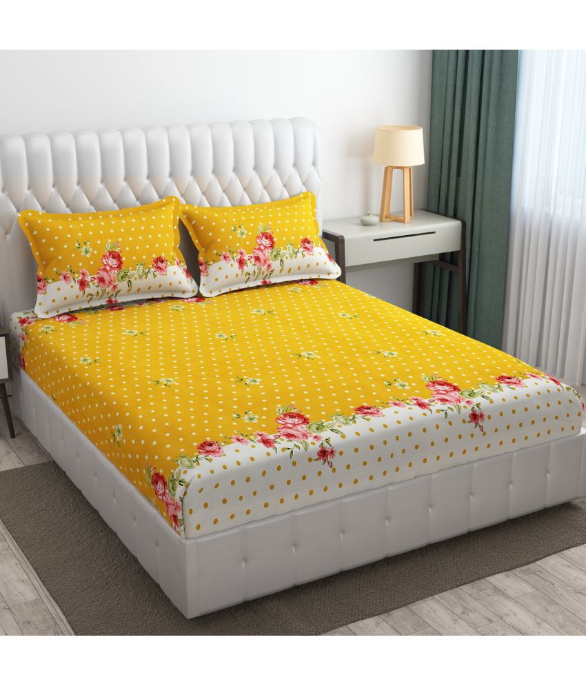    			SHOMES Cotton Polka Dots Fitted 1 Bedsheet with 2 Pillow Covers ( Double Bed ) - Yellow