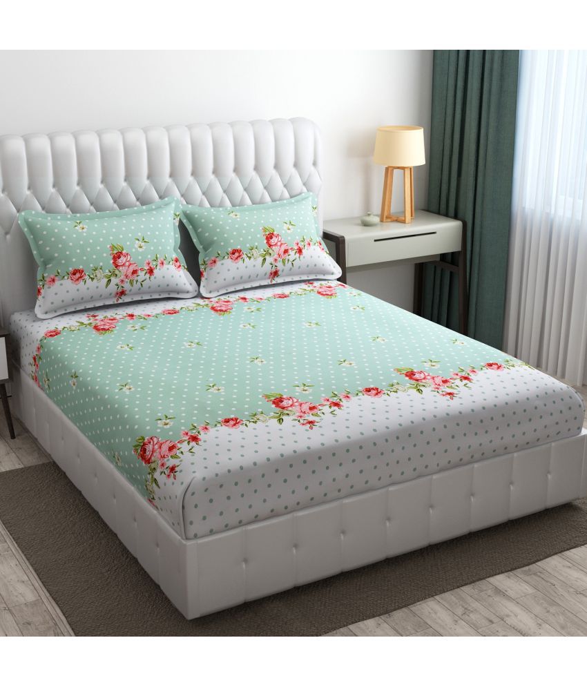     			SHOMES Cotton Polka Dots Fitted 1 Bedsheet with 2 Pillow Covers ( Double Bed ) - Green