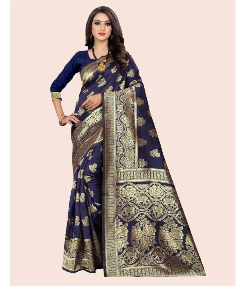     			Samah Art Silk Embellished Saree With Blouse Piece - Navy Blue ( Pack of 1 )
