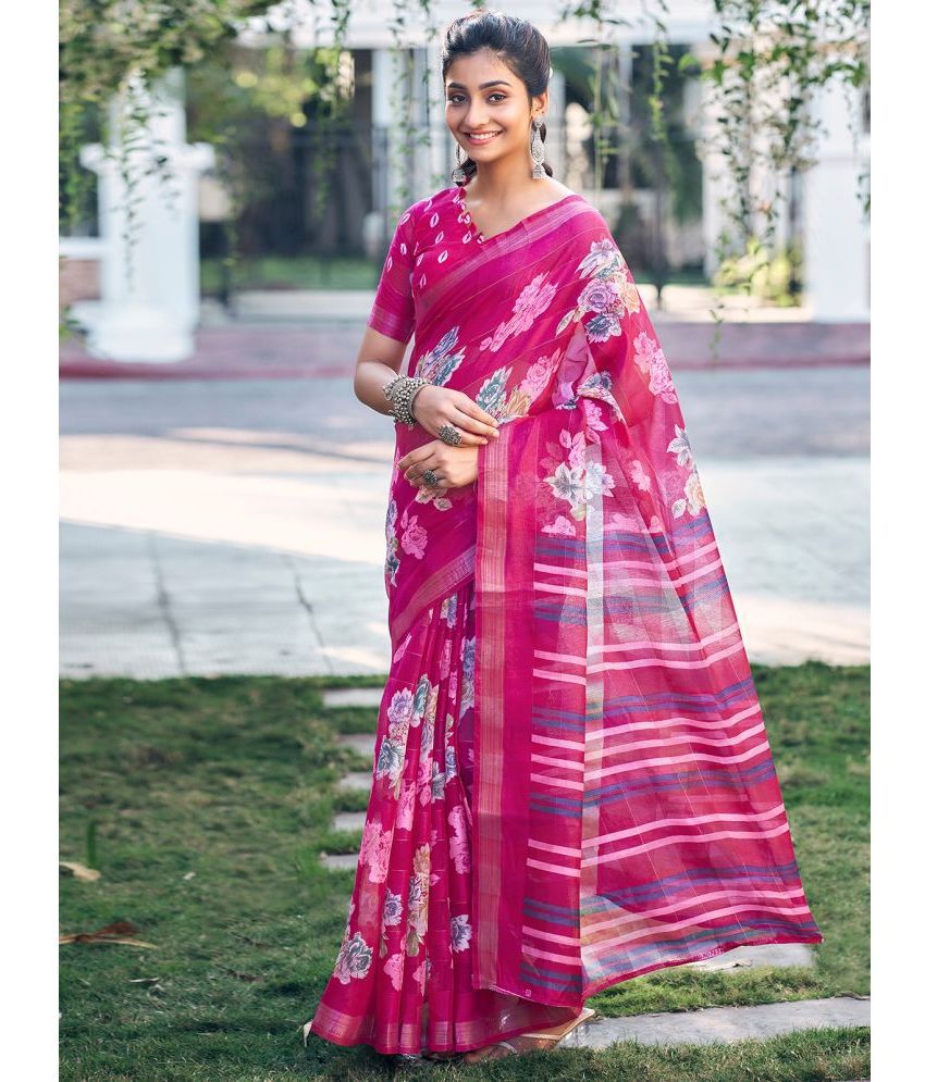     			Samah Cotton Printed Saree With Blouse Piece - Pink ( Pack of 1 )