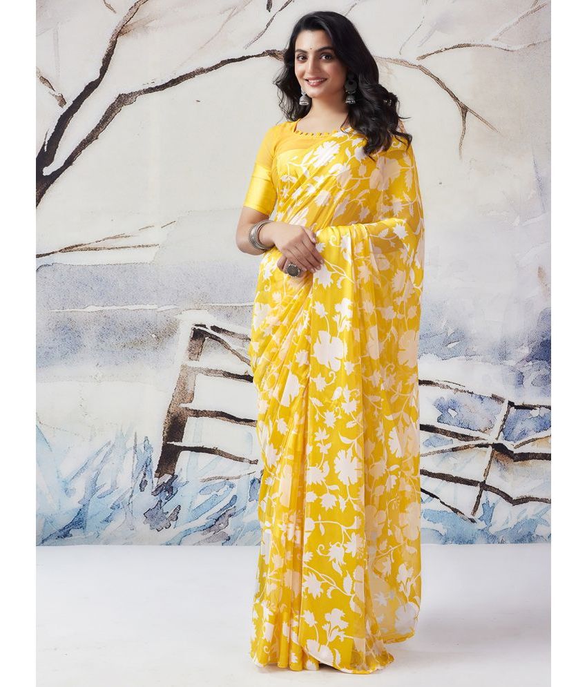     			Samah Georgette Printed Saree With Blouse Piece - Yellow ( Pack of 1 )