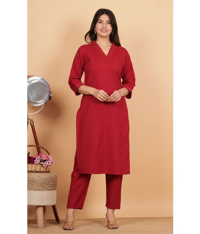     			Vbuyz Cotton Blend Solid Kurti With Pants Women's Stitched Salwar Suit - Maroon ( Pack of 2 )