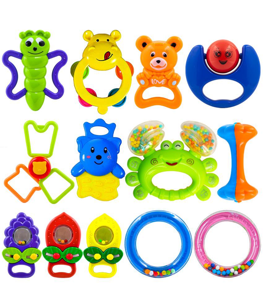     			WISHKEY Plastic Colorful Non Toxic BPA Free 9 Shake & Grab Rattles and 3 Soothing Teethers for Babies & Infants, Early Age Toys For Kids ( Pack Of 12, Multicolor)