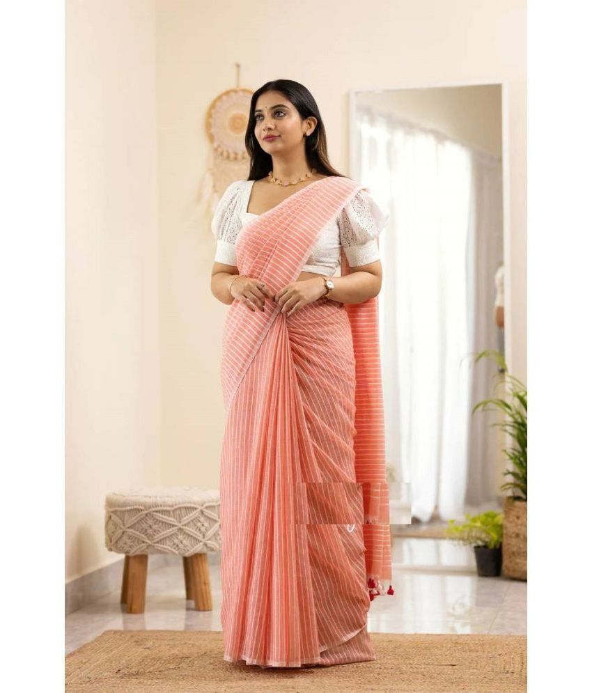     			Apnisha Cotton Striped Saree With Blouse Piece - Peach ( Pack of 1 )