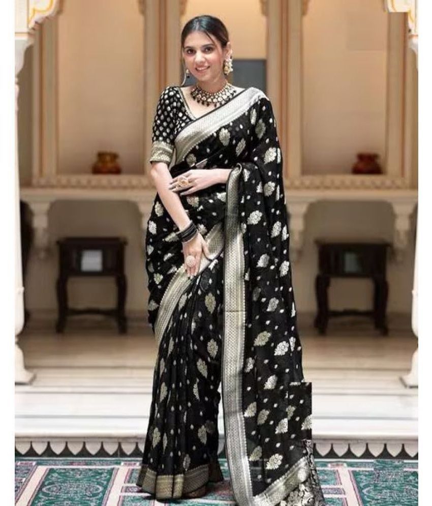     			Apnisha Silk Printed Saree With Blouse Piece - Black ( Pack of 1 )
