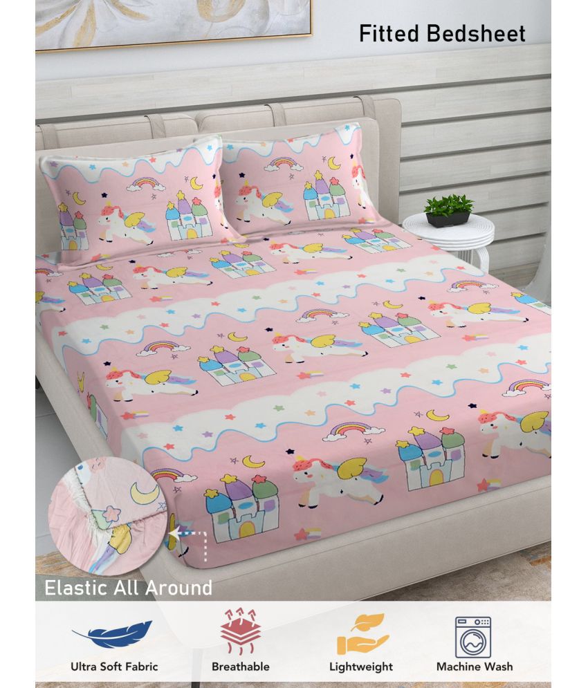     			FABINALIV Poly Cotton Animal Fitted 1 Bedsheet with 2 Pillow Covers ( Double Bed ) - Baby Pink