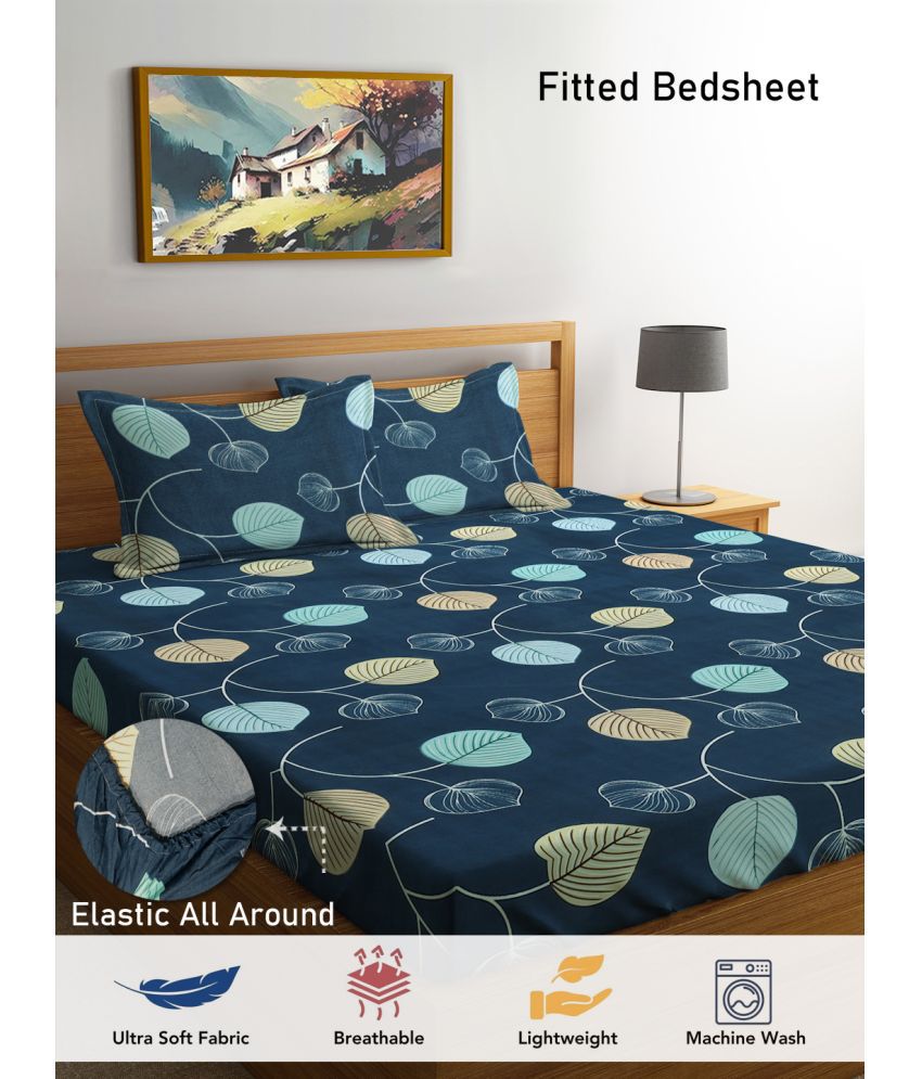     			FABINALIV Poly Cotton Floral Fitted 1 Bedsheet with 2 Pillow Covers ( Double Bed ) - Navy Blue