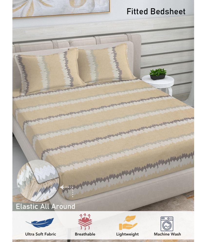     			FABINALIV Poly Cotton Horizontal Striped Fitted 1 Bedsheet with 2 Pillow Covers ( Double Bed ) - Beige