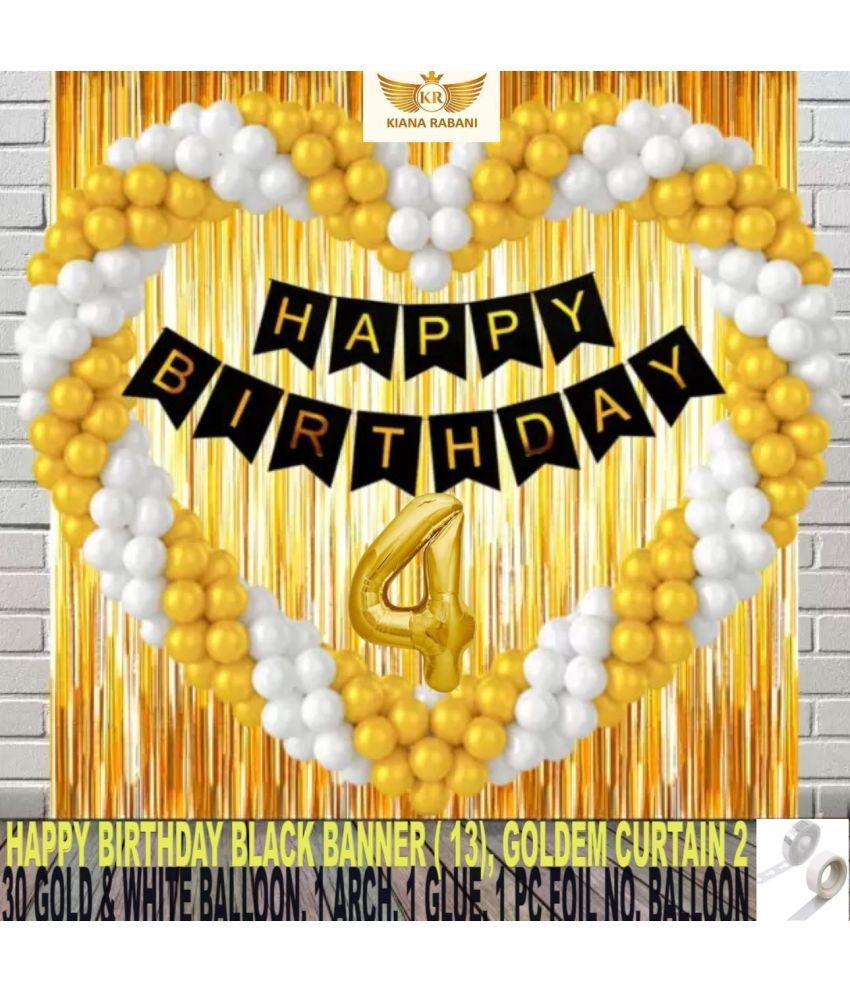     			KR 4TH HAPPY BIRTHDAY PARTY DECORATION WITH HAPPY BIRTHDAY BLACK BANNER(13), 2 GOLD CURTAIN 30 GOLD WHITE BALLOON 1 ARCH 1 GLUE 4 NO.GOLD FOIL BALLOON