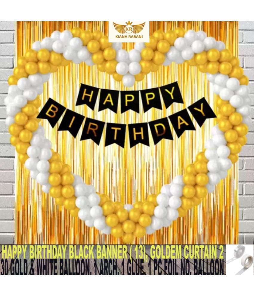     			KR HAPPY BIRTHDAY PARTY DECORATION WITH HAPPY BIRTHDAY BLACK BANNER(13), 2 GOLD CURTAIN 30 GOLD WHITE BALLOON 1 ARCH 1 GLUE