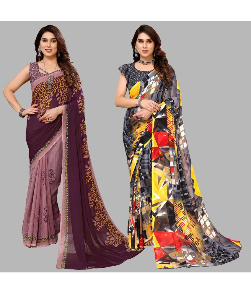     			Kashvi Sarees Georgette Printed Saree With Blouse Piece - Multicolour ( Pack of 2 )