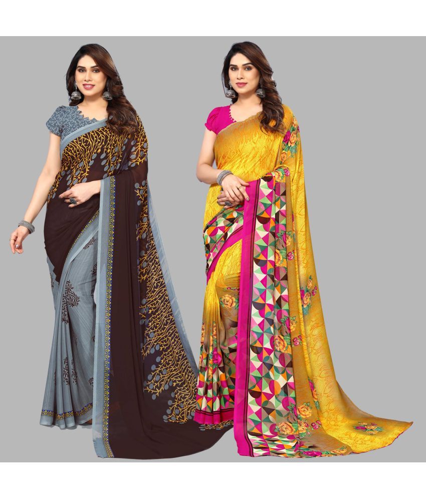     			Kashvi Sarees Georgette Printed Saree With Blouse Piece - Multicolour ( Pack of 2 )