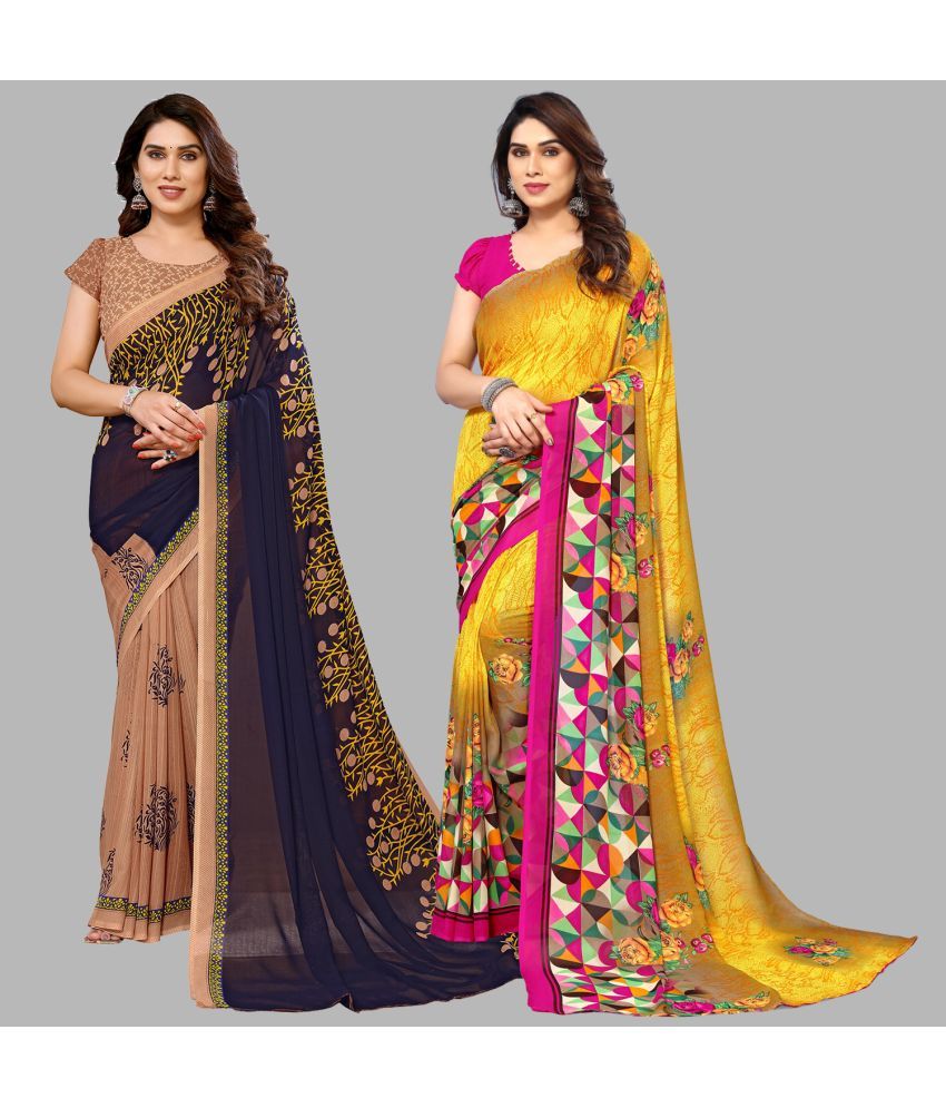     			Kashvi Sarees Georgette Printed Saree With Blouse Piece - Multicolour ( Pack of 2 )