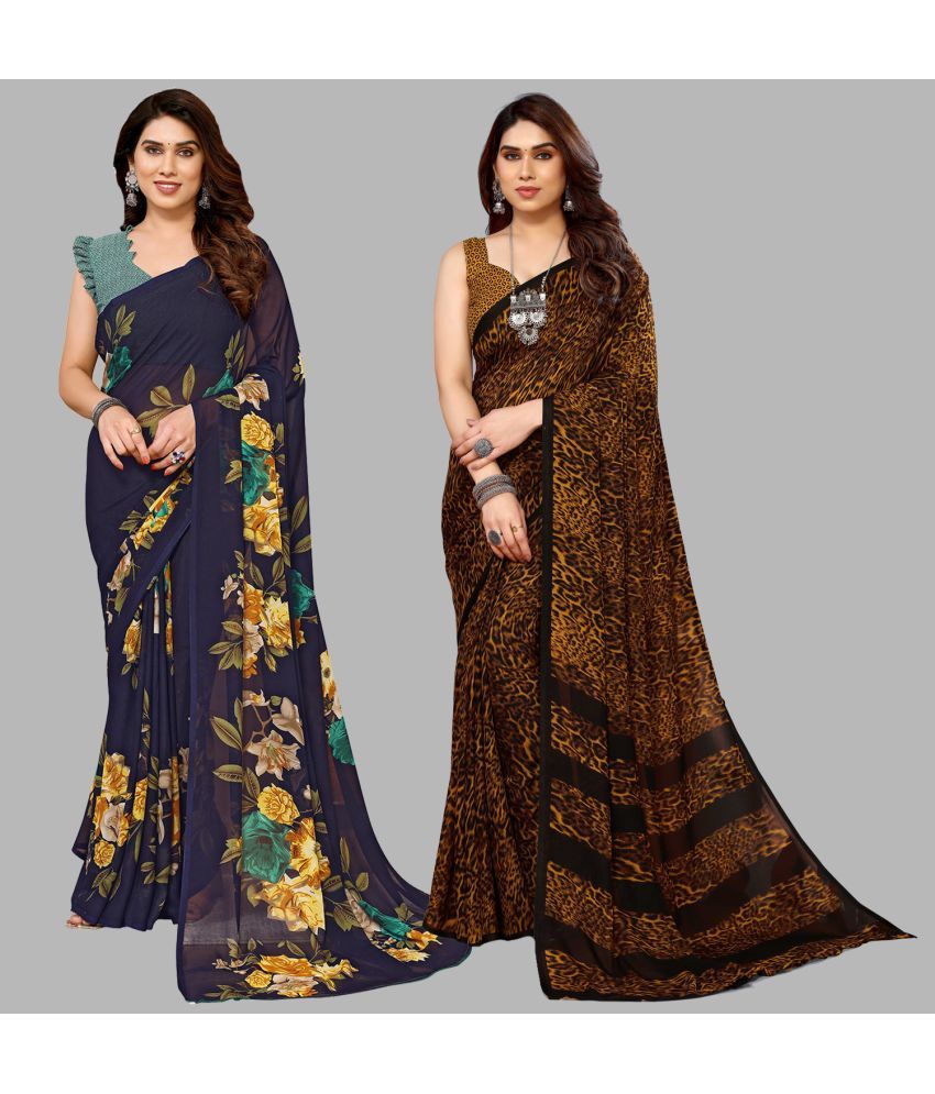     			Kashvi Sarees Georgette Printed Saree With Blouse Piece - Multicolour ( Pack of 2 )