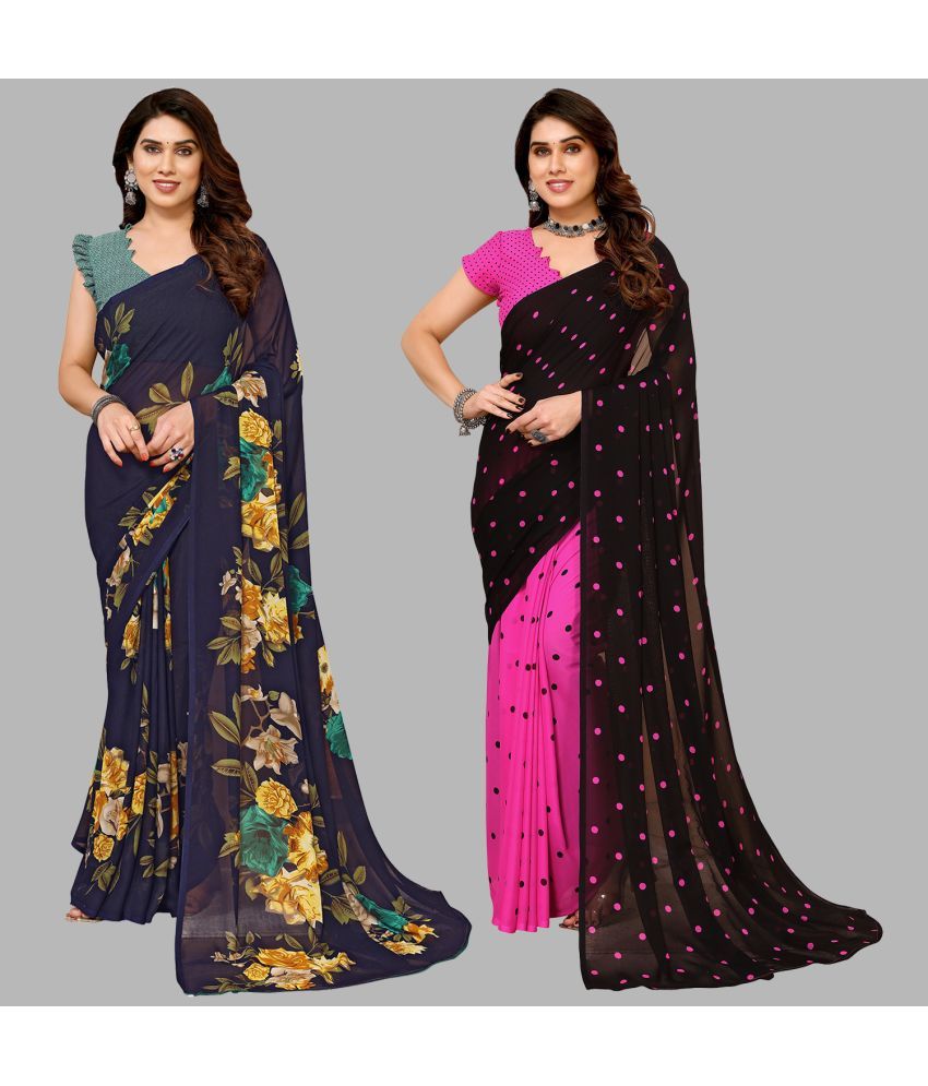     			Kashvi Sarees Georgette Printed Saree With Blouse Piece - Multicolour ( Pack of 2 )