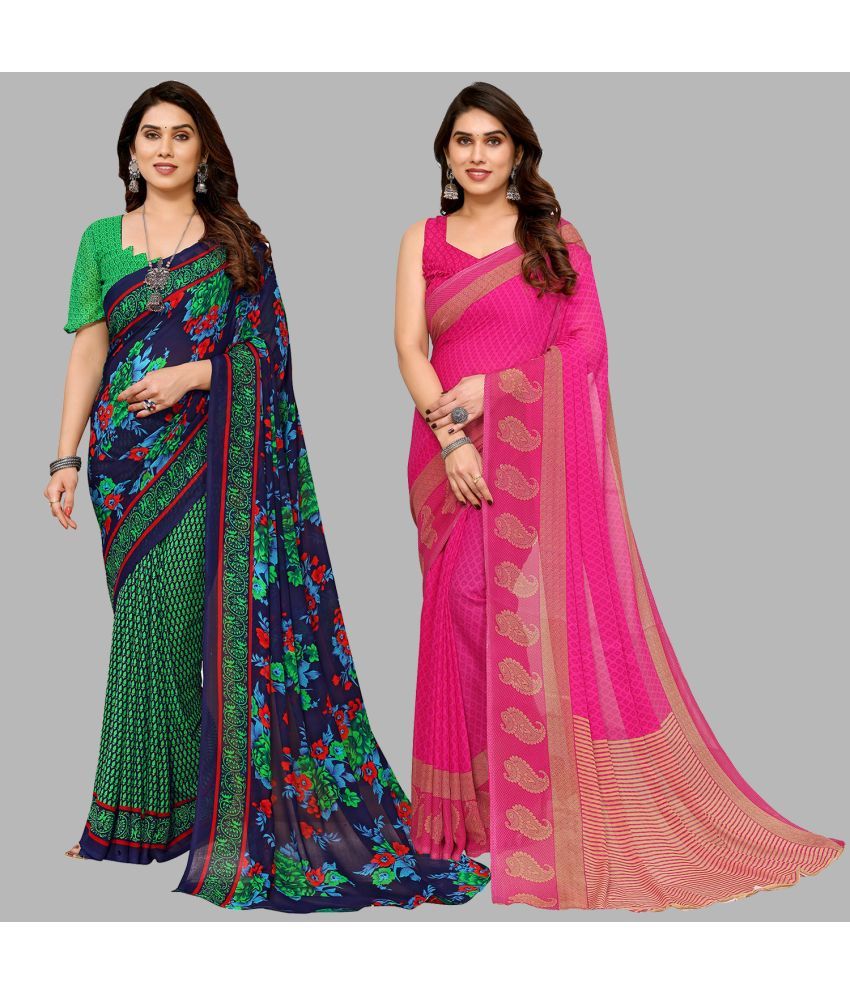     			Kashvi Sarees Georgette Printed Saree With Blouse Piece - Multicolour ( Pack of 2 )