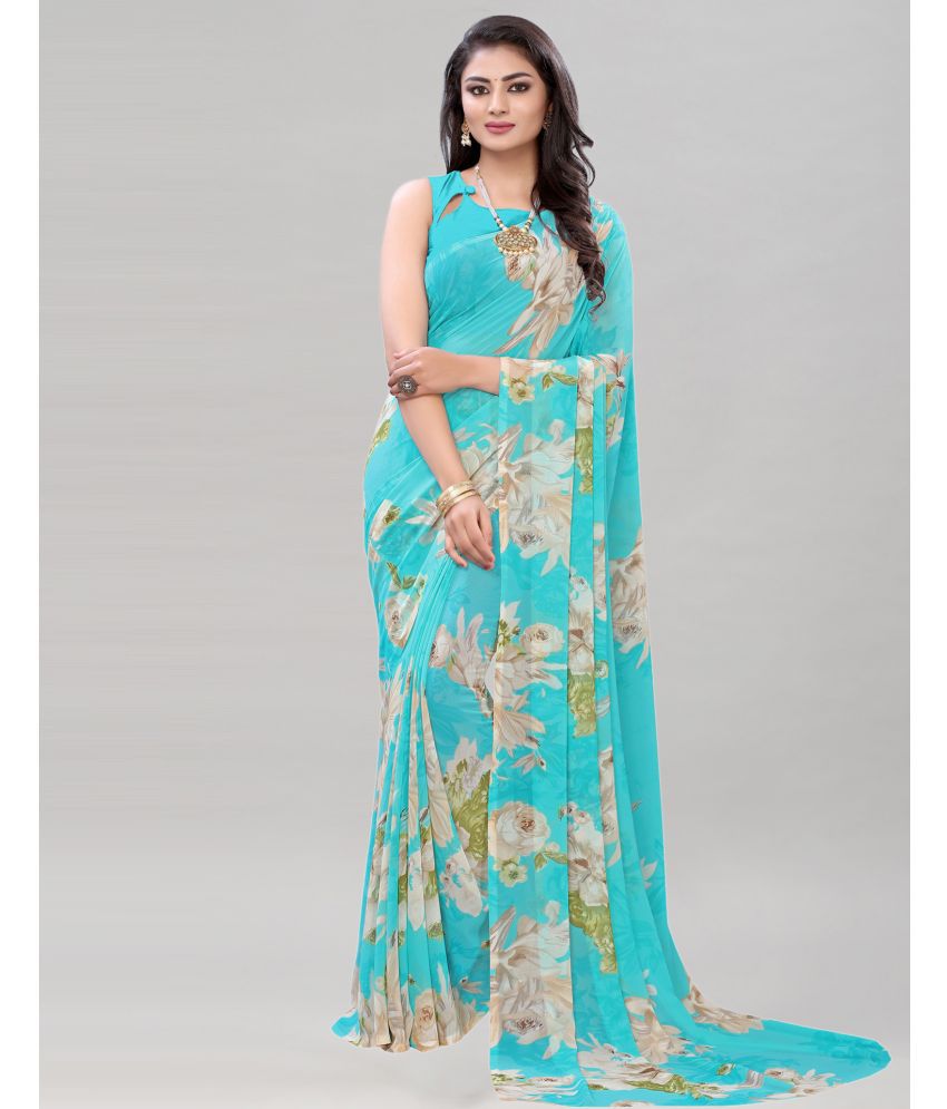     			Samah Georgette Printed Saree With Blouse Piece - SkyBlue ( Pack of 1 )