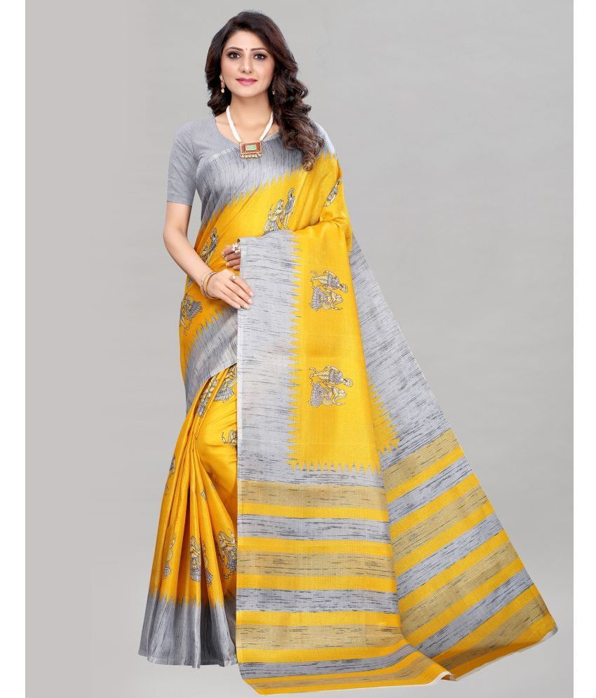     			Samah Silk Printed Saree With Blouse Piece - Yellow ( Pack of 1 )