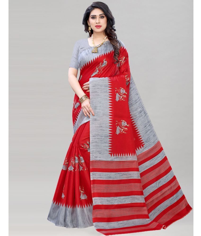     			Samah Silk Printed Saree With Blouse Piece - Red ( Pack of 1 )