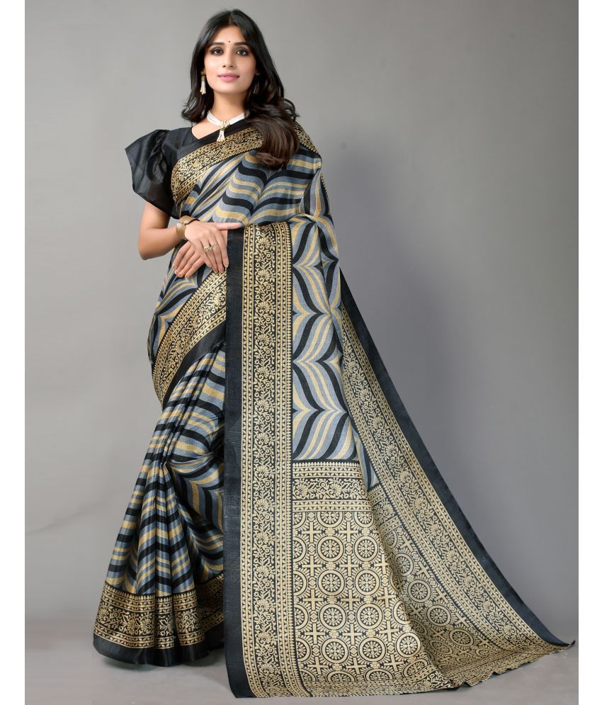     			Samah Silk Printed Saree With Blouse Piece - Dark Grey ( Pack of 1 )