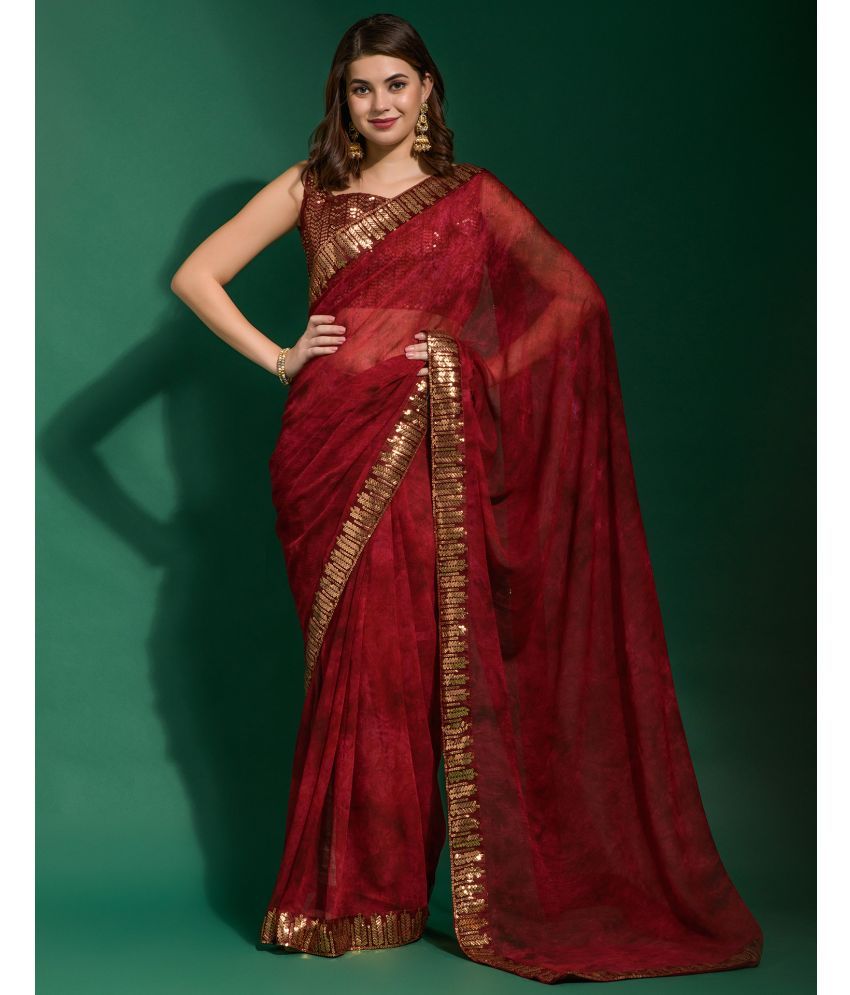     			Satrani Chiffon Printed Saree With Blouse Piece - Maroon ( Pack of 1 )