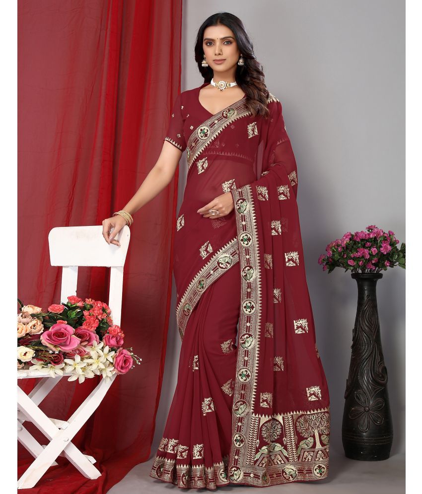     			Satrani Georgette Embroidered Saree With Blouse Piece - Maroon ( Pack of 1 )