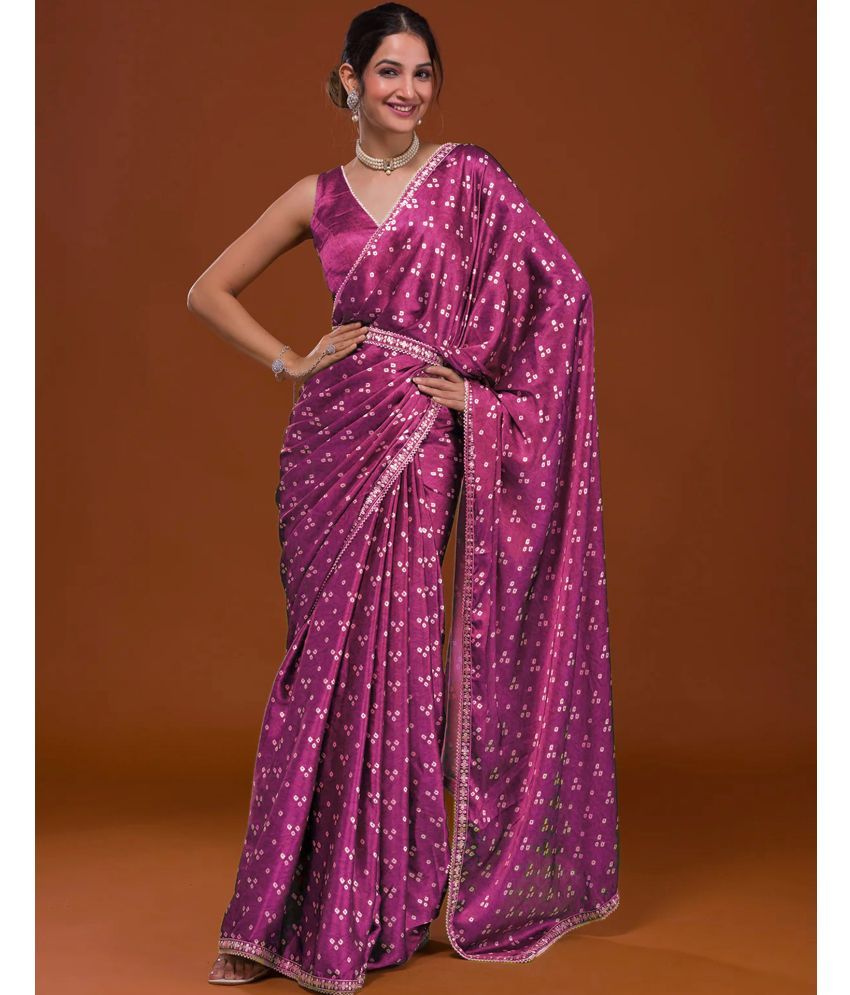     			Satrani Satin Printed Saree With Blouse Piece - Pink ( Pack of 1 )