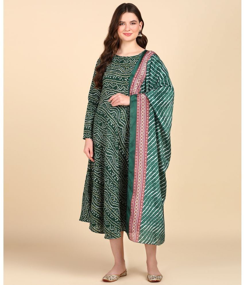     			Hiva Trendz Cotton Blend Printed Anarkali Women's Kurti with Dupatta - Green ( Pack of 1 )