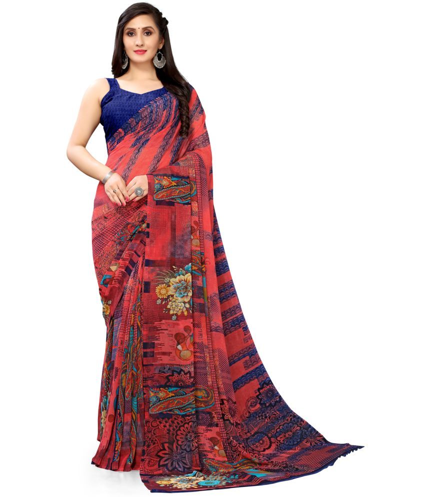     			Aarrah Georgette Printed Saree With Blouse Piece - Pink ( Pack of 1 )