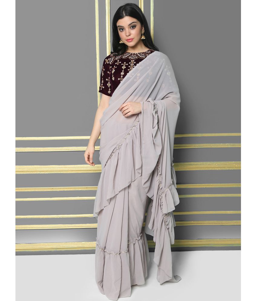     			Aarrah Georgette Solid Saree With Blouse Piece - Grey ( Pack of 1 )