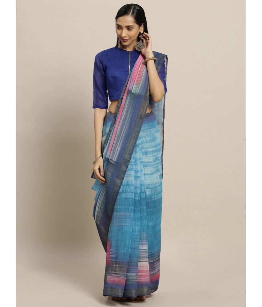     			Aarrah Linen Printed Saree With Blouse Piece - Blue ( Pack of 1 )
