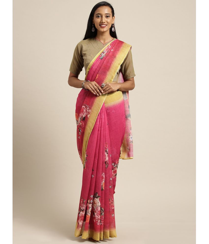     			Aarrah Linen Printed Saree With Blouse Piece - Pink ( Pack of 1 )