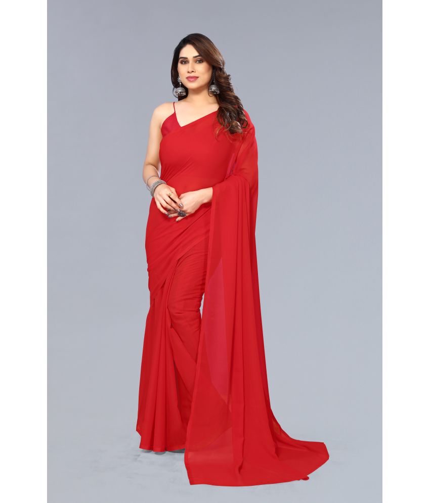     			Anand Georgette Solid Saree With Blouse Piece - Red ( Pack of 1 )