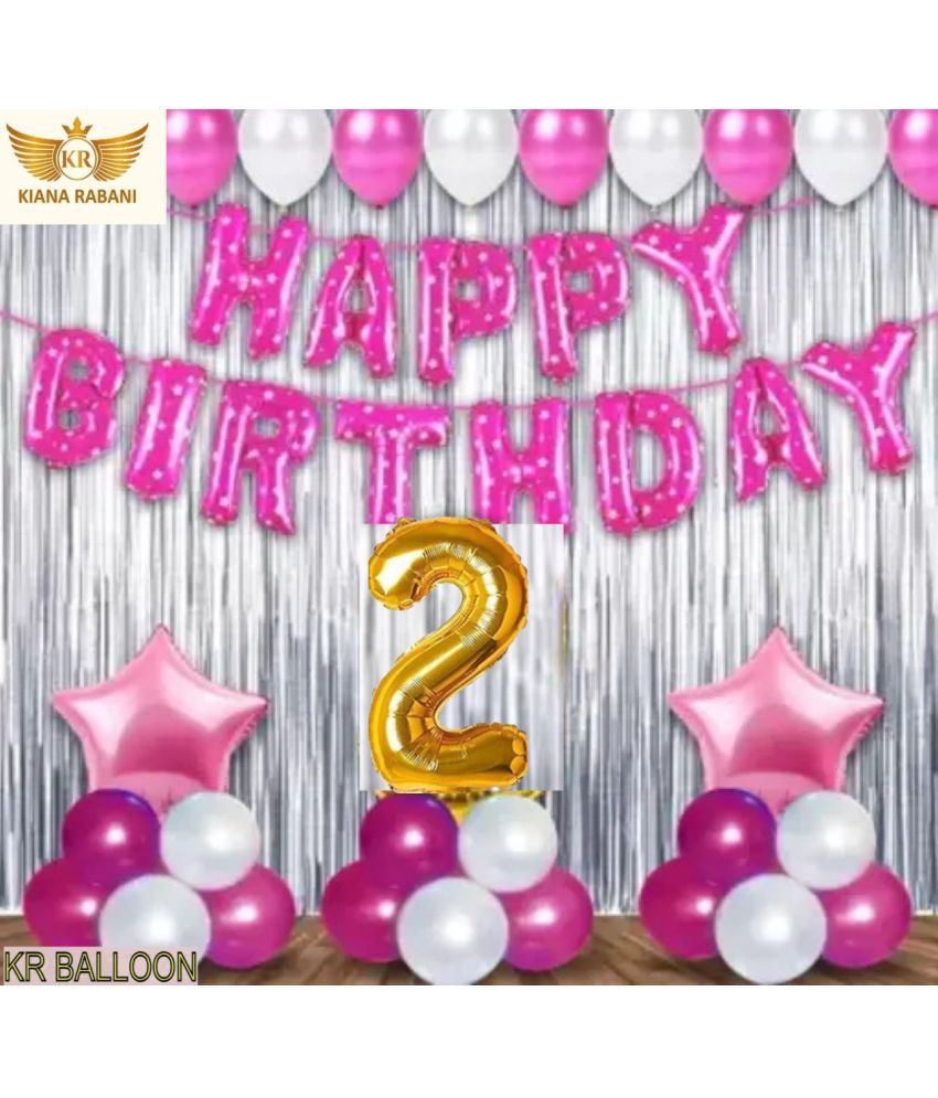     			KR 2ND / SECOND HAPPY BIRTHDAY ( GIRL ) PARTY DECORATION WITH HAPPY BIRTHDAY PINK FOIL BALLOON, 2 SILVER CURTAIN 2 PINK STAR 25 PINK 25 SILVER BALLOON  1 ARCH 1 RIBBON 2 NO. GOLD FOIL BALLOON