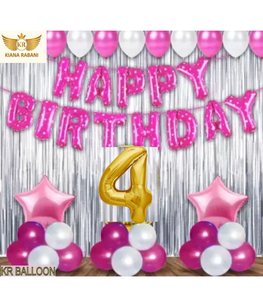     			KR 4TH / FOURTH HAPPY BIRTHDAY ( GIRL ) PARTY DECORATION WITH HAPPY BIRTHDAY PINK FOIL BALLOON, 2 SILVER CURTAIN 2 PINK STAR 25 PINK 25 SILVER BALLOON  1 ARCH 1 RIBBON 4 NO. GOLD FOIL BALLOON
