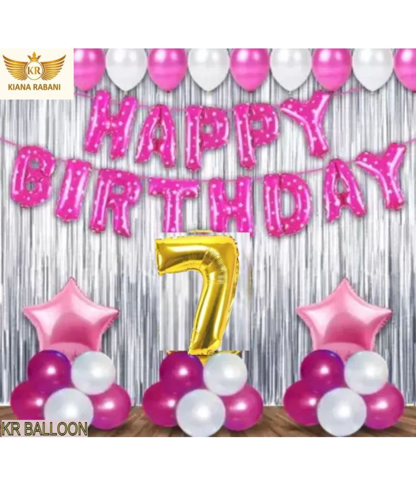     			KR 7TH/SEVENTH HAPPY BIRTHDAY ( GIRL ) PARTY DECORATION WITH HAPPY BIRTHDAY PINK FOIL BALLOON, 2 SILVER CURTAIN 2 PINK STAR 25 PINK 25 SILVER BALLOON  1 ARCH 1 RIBBON 7 NO. GOLD FOIL BALLOON