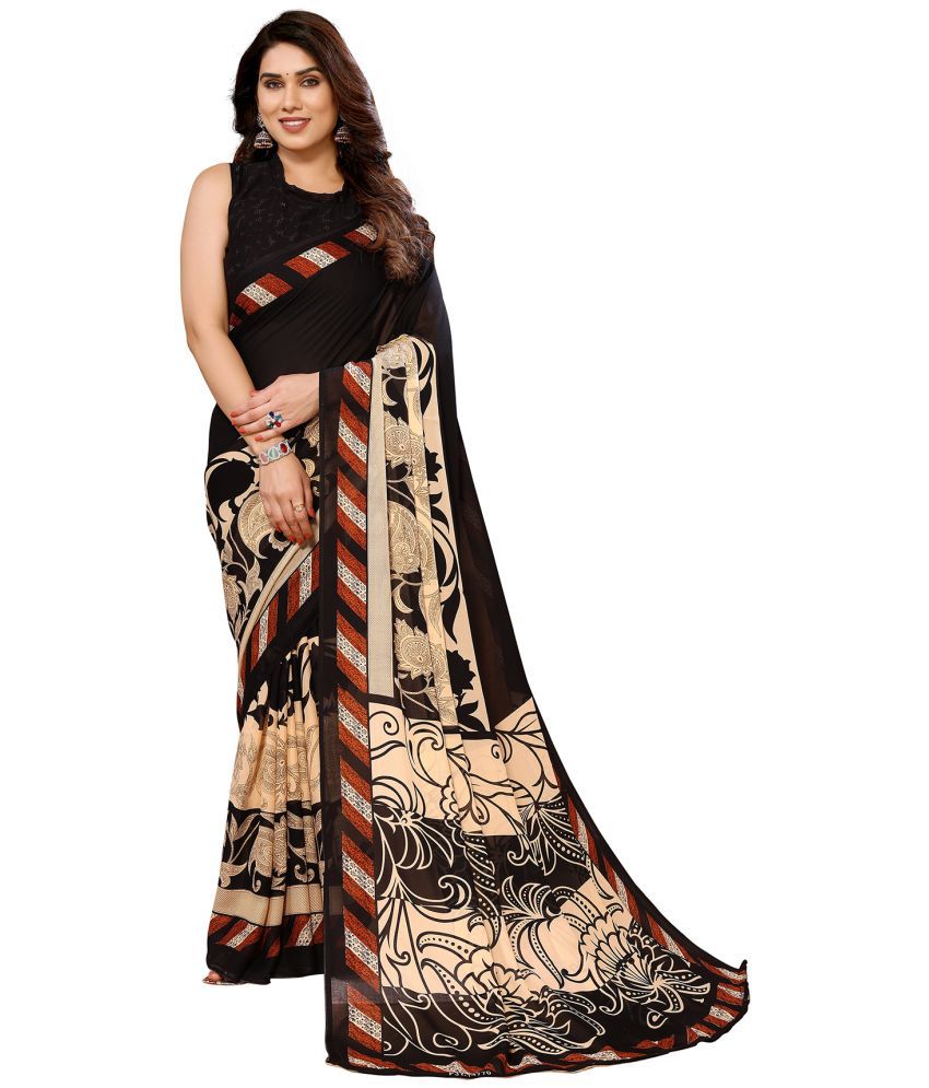     			Kashvi Sarees Georgette Printed Saree With Blouse Piece - Black ( Pack of 1 )
