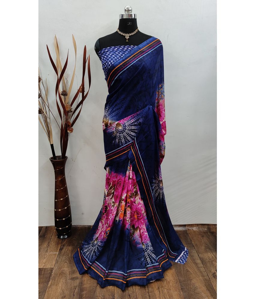     			Kashvi Sarees Georgette Printed Saree With Blouse Piece - Navy Blue ( Pack of 1 )