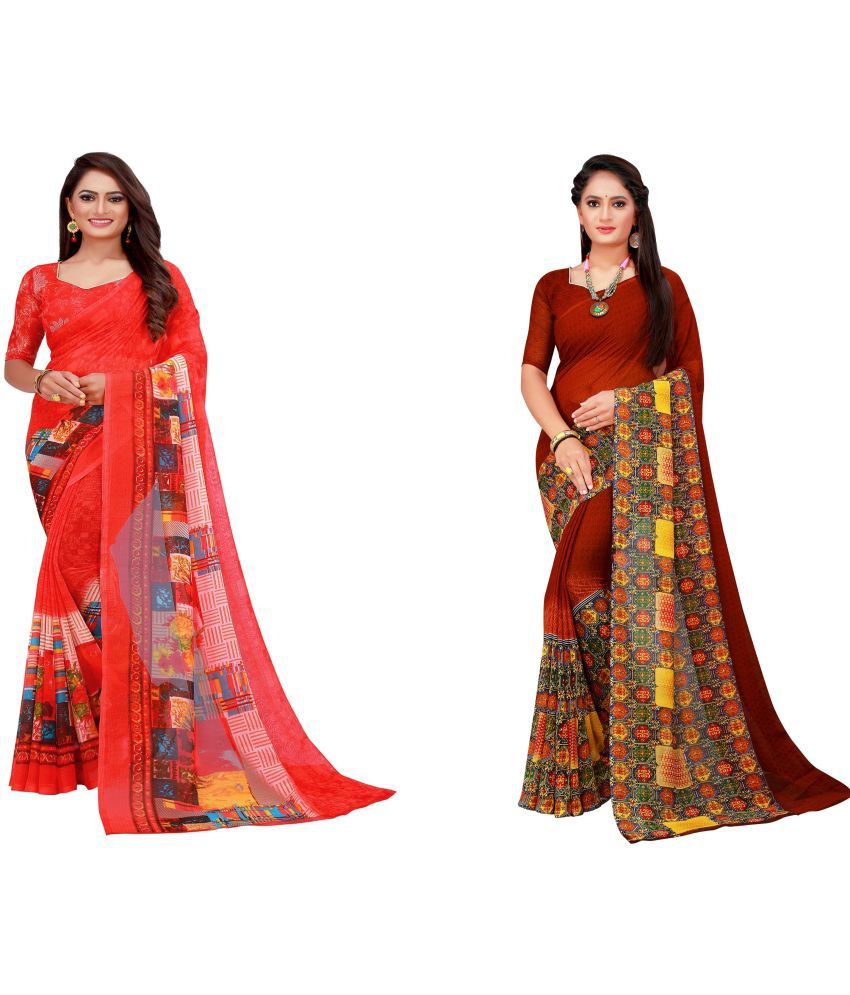     			Saadhvi Georgette Printed Saree With Blouse Piece - Multicolour ( Pack of 2 )