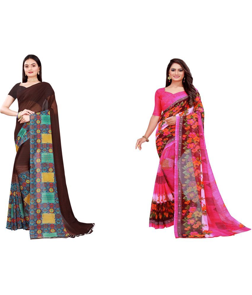     			Saadhvi Georgette Printed Saree With Blouse Piece - Brown ( Pack of 2 )