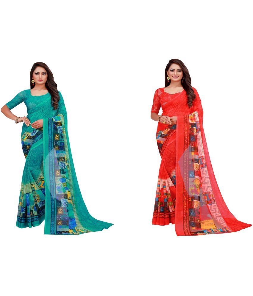     			Saadhvi Georgette Printed Saree With Stitched Blouse - Multicolour ( Pack of 2 )