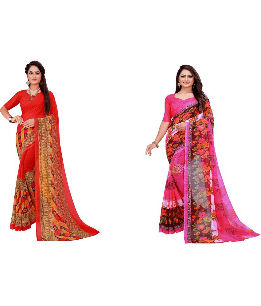     			Saadhvi Georgette Printed Saree With Stitched Blouse - Gold ( Pack of 2 )
