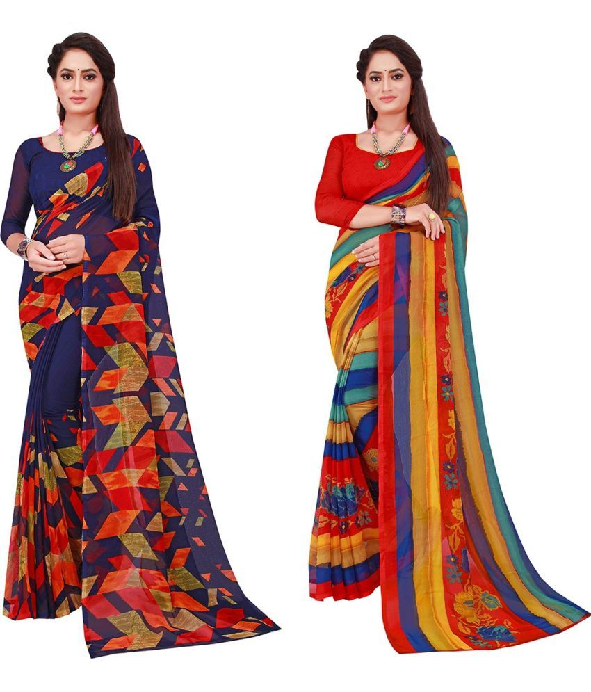     			Saadhvi Georgette Printed Saree With Blouse Piece - Multicolour ( Pack of 2 )