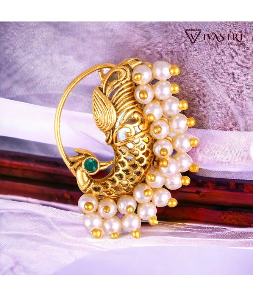     			Vivastri's Premium & Elegant Peackock Style Cubic Zirconia Bead Studded Nose Rings For Women & Girls -VIVA1276NTH-PRESS-GREEN